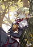  bangs black_dress blonde_hair bloodline book book_hug bridal_gauntlets choker closed_mouth dappled_sunlight day dress elf holding holding_book in_tree iotower juliet_sleeves long_sleeves pointy_ears puffy_sleeves ruthtria_(bloodline) sleeping solo sunlight tree 