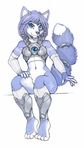  anthro armor blue_eyes blue_fur canine eye-piece female fluffy fluffy_tail foxmode fur krystal mammal midriff navel nintendo simple_background sitting smile solo star_fox video_games white_background 