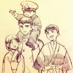  3boys blush bow carrying carrying_over_shoulder commentary hair_bow hakama hat hinaki_eiji japanese_clothes kantai_collection kimono long_sleeves low_ponytail military military_hat military_uniform monochrome multiple_boys naval_uniform peaked_cap ponytail sailor_collar sepia shigemitsu_jun shoulder_carry smile toy toy_airplane traditional_media uniform upper_body 