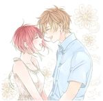  1girl alternate_costume blush brown_hair closed_eyes collarbone couple dress floral_background from_side happy height_difference no.6 open_mouth red_hair safu shion_(no.6) short_hair smile upper_body white_dress 