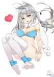  2017 absurdres ahoge animal_ears ankle_ribbon armlet arms_at_sides bangs bare_shoulders bikini blue_bikini blue_eyes blue_ribbon blush bracelet breasts brooch cat_ears cleavage commentary_request dated eyebrows_visible_through_hair fang full_body fur heart highres jewelry lace lace-trimmed_thighhighs lace_trim large_breasts lips long_hair looking_at_viewer open_mouth original peng_yong pink_lips pom_pom_(clothes) ribbon side-tie_bikini signature silver_hair simple_background skindentation smile solo string_bikini swimsuit thighhighs white_background white_legwear 