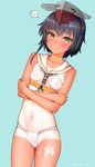  :&lt; artist_name ass_visible_through_thighs between_breasts black_hair blue_background blush body_writing breast_cutout breasts brown_eyes cameltoe cowboy_shot crossed_arms dated dutch_angle eyebrows_visible_through_hair fundoshi hat headphones i-14_(kantai_collection) japanese_clothes kantai_collection kanzaki_muyu navel one-piece_tan pasties sailor_collar short_hair simple_background small_breasts solo speech_bubble tan tanline twitter_username 