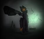 anthro bioluminescence blood bodily_fluids cave claws dark_body dark_fur darthnear experiment_(scav_prototype) fur glowing gun hi_res male nosebleed orange_sclera pickaxe plant pump_action_shotgun ranged_weapon scared scav_prototype shaking shotgun simple_background solo stalactite stalagmite weapon