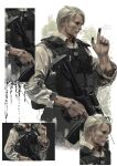  1boy assault_rifle blonde_hair bulletproof_vest cliff_unger collared_shirt death_stranding dirty dirty_face dirty_hands gun highres holding holding_gun holding_weapon mads_mikkelsen male_focus pointing rifle scope shirt short_hair sleeves_rolled_up solo supergrass1004 upper_body weapon white_background white_shirt 