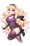  :o artist_request belt black_footwear black_gloves black_shorts blonde_hair boots bra breasts brown_legwear choker cleavage covered_navel cow_horns elbow_gloves fingerless_gloves garter_straps gloves highres horns large_breasts lindsey_(soccer_spirits) long_hair official_art pointing purple_bra purple_eyes see-through shorts soccer_spirits solo standing standing_on_one_leg thighhighs transparent_background underwear very_long_hair 