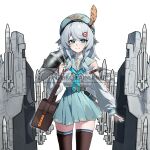  1girl airplane_wing bag beret black_thighhighs blue_eyes blue_skirt breasts closed_mouth english_text grey_hair hair_ornament hat highres long_hair long_sleeves looking_at_viewer original personification pleated_skirt porcelainsphere runway sailor_collar shirt shoulder_bag simple_background skirt smile solo thighhighs white_background 