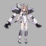  armor bare_shoulders boots brown_hair covered_navel elbow_gloves exoskeleton flat_chest gloves hair_ornament highres kuro_(kuronell) leotard long_hair mecha mechanical_arm original outstretched_arms red_eyes ribbon solo strapless strapless_leotard thigh_strap thighhighs twintails white_legwear 