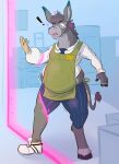 2024 anthro apron asinus barefoot bodily_fluids clothed clothing deltadjinn digital_media_(artwork) donkey ears_up equid equine feet footwear fur grey_body grey_fur grocery_store hi_res hooves human human_to_anthro inside male mammal mid_transformation name_tag open_mouth portal reality_shift solo species_transformation standing sweat tail transformation unaware_transformation weight_gain