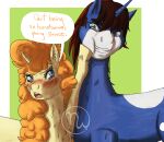  2018 adobe_photoshop_(artwork) age_difference artist_logo blue_body blue_fur blue_horn blue_pupils blushing_profusely brown_eyebrows brown_mane canon_x_oc chest_tuft colored curled_mane cutie_mark dialogue digital_drawing_(artwork) digital_media_(artwork) duo english_description english_text equid equine eye_contact eyebrows eyelashes face_squish fan_character female female_feral feral friendship_is_magic fur fur_markings futurehooves hasbro hi_res hoof_on_face hooves horn larger_feral larger_male lidded_eyes light lighting logo long_mane looking_at_another male male/female male_feral mammal mane markings medium_mane multicolored_mane my_little_pony mythological_creature mythological_equine mythology older_female older_feral open_mouth orange_eyebrows orange_mane pink_tongue prince prince_waxing_moon pumpkin_cake_(mlp) pupils royalty simple_background size_difference skywater smaller_female smaller_feral smile smiling_at_another squish story story_in_description talking_to_another text tongue toothy_smile tuft two_tone_mane unguligrade unicorn unicorn_horn white_markings yellow_body yellow_fur yellow_hooves yellow_horn younger_feral younger_male 