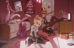  anthro barefoot blonde_hair breasts brown_fur canine clothed clothing ct day detailed_background ear_piercing female fruitbloodmilkshake fur group hair holding_object inside lying mammal mouse on_back piercing pink_fur pink_hair rodent sitting 