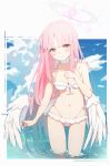  1girl absurdres angel_wings bare_arms bare_shoulders beach bikini blue_archive blush breasts cleavage closed_mouth cloud cloudy_sky collarbone feathered_wings frilled_bikini frilled_bikini_bottom frilled_bikini_top frills halo highres long_hair low_wings medium_breasts mika_(blue_archive) mika_(swimsuit)_(blue_archive) navel official_alternate_costume official_alternate_hairstyle pink_hair pink_halo r32532107 sky smile solo stomach swimsuit very_long_hair wet white_bikini white_wings wings yellow_eyes 