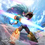  1boy android armor battle_damage black_helmet blue_hair boots closed_mouth cloud cloudy_sky commentary_request company_name copyright_logo copyright_name copyright_notice day energy_ball energy_spear energy_weapon floating_hair forehead_jewel glowing glowing_eyes glowing_weapon helmet heterochromia holding holding_polearm holding_weapon ishida_baru light_trail logo long_hair looking_at_viewer male_focus mega_man_(series) mega_man_x:_command_mission mega_man_x_(series) official_art outdoors polearm powering_up purple_eyes scar scar_on_cheek scar_on_face scarface_(mega_man) shoulder_armor shoulder_spikes sky solo spiked_boots spiked_hair spikes teppen weapon wind yellow_boots yellow_eyes 