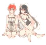  alternate_costume bare_legs barefoot black_hair breasts cleavage collarbone datte_waka dress full_body genderswap genderswap_(mtf) leg_up legs lingerie long_hair multiple_girls nezumi_(no.6) no.6 off_shoulder red_eyes red_hair safu short_dress short_hair sitting spaghetti_strap strap_slip thighs underwear 