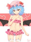  2017 absurdres arm_at_side ass_visible_through_thighs bangs bare_arms bare_shoulders bat_wings blue_hair choker collarbone commentary_request cowboy_shot dated eyebrows_visible_through_hair fangs flat_chest flower frilled_panties frills garter_straps groin hair_between_eyes hand_on_own_chest hand_up hat hat_flower hat_ribbon highres legs_apart midriff mob_cap navel no_nose open_mouth orange_eyes panties peng_yong pink_hat pointy_ears red_flower red_ribbon remilia_scarlet ribbon ribbon-trimmed_headwear ribbon_trim shiny shiny_skin short_hair signature skindentation smile solo spaghetti_strap spread_wings standing stomach teeth thighhighs touhou underwear upper_teeth white_choker white_legwear white_panties wings 