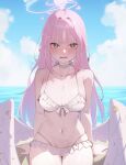  1girl absurdres angel_wings bare_arms bare_shoulders beach bikini blue_archive blush breasts cleavage cloud collarbone embarrassed feathered_wings frilled_bikini frilled_bikini_bottom frilled_bikini_top frills halo heoningu highres large_breasts long_hair looking_at_viewer low_wings mika_(blue_archive) mika_(swimsuit)_(blue_archive) navel ocean official_alternate_costume official_alternate_hairstyle open_mouth pink_hair pink_halo stomach swimsuit very_long_hair wet wing_ornament wings 