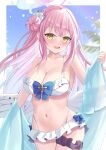  1girl absurdres alternate_costume angel_wings bikini blue_archive blue_bow blue_bowtie blush bow bowtie breasts cleavage collarbone feathered_wings flower frilled_bikini frilled_bikini_bottom frilled_bikini_top frills gradient_hair hair_bun hair_flower hair_ornament halo highres hutaba_miyagi large_breasts long_hair looking_at_viewer low_wings mika_(blue_archive) multicolored_hair navel open_mouth pink_hair pink_halo scrunchie single_hair_bun single_side_bun smile solo stomach swimsuit very_long_hair white_bikini wings yellow_eyes 