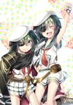  artist_name cape dated dual_persona eyepatch green_eyes green_hair hat kantai_collection kiso_(kantai_collection) multiple_girls neckerchief open_mouth pauldrons pleated_skirt red_neckwear remodel_(kantai_collection) sailor_collar sailor_hat school_uniform serafuku short_hair short_sleeves signature skirt smile teeth white_hat white_skirt yuihira_asu 