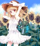  alternate_costume bare_arms blonde_hair bow cowboy_shot day dress flandre_scarlet flower hat hat_bow long_hair looking_at_viewer misoshiru_(meridianchild312) outdoors red_eyes solo standing summer sundress sunflower touhou white_bow white_dress wings 