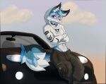 anthro biped black_car black_cargo_pants black_collar blue_body blue_fur bottomwear canid canine car cargo_pants clothed clothing cloud collar countershade_face countershade_tail countershading crop_top cropped_hoodie crossed_arms crossed_legs digital_media_(artwork) dipstick_ears ear_markings femboy fennec_fox fingers fox fur hair head_tuft hi_res hoodie inner_ear_fluff leaning leaning_on_vehicle legwear looking_at_viewer male mammal mazda mazda_miata mazda_mx-5 midriff mouth_closed multicolored_ears navel outside pants purple_eyes radimcatt shirt sky smile solo standing straps streetwear tail techwear topwear true_fox tuft vehicle white_body white_fur zee_(zfursee)