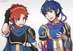  absurdres armor blue_eyes blue_hair blush cape cosplay costume_switch fire_emblem fire_emblem:_fuuin_no_tsurugi fire_emblem:_monshou_no_nazo gloves headband highres male_focus marth marth_(cosplay) multiple_boys open_mouth red_hair roy_(fire_emblem) roy_(fire_emblem)_(cosplay) short_hair smile 