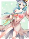  aqua_hair bare_shoulders blue_eyes blue_hair breasts cleavage front_ponytail hat highres jewelry large_breasts long_hair magi_the_labyrinth_of_magic navel nito_(tomomonga) shell shell_bikini solo torn_clothes witch_hat yamuraiha 