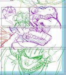  anthro armor batzz_(buddyfight) comic dragon drum_(buddyfight) duo frown future_card_buddyfight hair hatake helmet horn huge_muscles male muscular reptile scalie sharp_teeth size_difference sketch smile spikes teeth tongue vein 