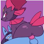  2017 animated anthro anus balls black_fur blue_fur butt canine clenched_teeth cum cum_in_pussy cum_inside cum_on_balls cum_on_penis d-wop domination duo eyes_closed fangs female female_domination fur invalid_color looking_back looking_down lucario male male/female mammal mustelid nintendo on_top orgasm penetration penis pok&eacute;mon purple_background pussy rear_view red_eyes simple_background smile teeth vaginal vaginal_penetration video_games weavile 