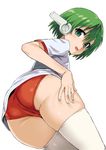  :d android asanagi ass bangs blush breasts buruma cameltoe covered_nipples cowboy_shot dutch_angle eyebrows_visible_through_hair from_below from_side green_eyes green_hair gym_shirt gym_uniform hair_between_eyes hand_on_own_thigh leaning_forward legs_together looking_at_viewer looking_back looking_down multi open_mouth red_buruma robot_ears shirt short_hair short_sleeves simple_background skindentation small_breasts smile solo standing thighhighs thighs to_heart white_background white_legwear white_shirt 
