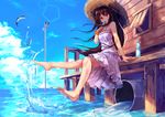  barefoot black_hair commentary_request dress eyebrows_visible_through_hair fish food hat highres hopepe long_hair looking_at_viewer megaphone original popsicle red_eyes sitting solo splashing straw_hat sundress water 