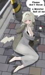  1girl absurdres arm_support black_bra black_shoes bra braid breasts broken_high_heel brown_cardigan brown_eyes bruise cardigan commentary_request crying cut_bangs dongtan_dress dress droopy_ears ears_down english_text fallen_down fang grey_dress grey_hair hair_intakes hand_on_own_cheek hand_on_own_face highres injury large_breasts long_dress long_hair looking_at_viewer lying mature_female mole mole_under_eye nangmanheeyou off_shoulder on_ground open_cardigan open_clothes open_mouth peakychu pencil_dress personification pikachu poke_ball poke_ball_(basic) pokemon pokemon_pokopia sagging_breasts scoop_neck see-through_clothes see-through_dress shoes sidewalk skin_fang sleeves_past_wrists solo speech_bubble strap_gap taut_clothes taut_dress tears throwing throwing_poke_ball underwear 