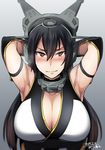  armpits arms_behind_head arms_up black_gloves black_hair blush breasts cleavage elbow_gloves gloves headgear ikeshita_moyuko kantai_collection large_breasts long_hair looking_at_viewer nagato_(kantai_collection) red_eyes simple_background solo upper_body white_background 
