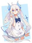  blue_eyes blush dress elsword horns long_hair lu_(elsword) twintails white-hair 