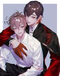  2boys ? ?? aiguillette antenna_hair belt black_belt black_capelet black_hair black_pants black_shirt blush brown_eyes brown_hair capelet chinese_clothes chromatic_aberration closed_mouth collared_shirt colored_inner_hair couple dated ear_piercing earrings eiden_(nu_carnival) english_commentary gloves hair_between_eyes half_gloves hand_on_another's_chest hug hug_from_behind jewelry long_sleeves looking_at_viewer male_focus mandarin_collar multicolored_hair multiple_boys necklace notice_lines nu_carnival owner_bird pants parted_lips piercing red_eyes red_gloves red_hair red_sleeves shirt short_hair single_earring sitting smile snake_earrings two-tone_hair white_shirt yakumo_(nu_carnival) yaoi 