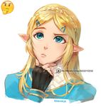  artist_name blonde_hair blue_eyes chin_stroking commentary emoji fingerless_gloves gloves hair_ornament hairclip hand_on_own_chin looking_to_the_side patreon_username pointy_ears princess_zelda reddverse simple_background solo the_legend_of_zelda the_legend_of_zelda:_breath_of_the_wild thinking upper_body white_background 