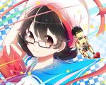  a106 atom:_the_beginning beret black-framed_eyewear black_hair chaimaou checkered checkered_background flipped_hair glasses hat looking_at_viewer neckerchief ochanomizu_ran robot school_uniform serafuku short_hair simple_background smile tetsuwan_atom 