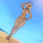  1girl adjusting_eyewear beach bikini bracelet breasts cleavage closed_mouth covered_nipples dark-skinned_female dark_skin demon_horns dr_graevling full_body horns jewelry large_breasts lips looking_at_viewer navel ocean original sandals see-through_bikini see-through_clothes shoes short_hair signature solo stomach sunglasses swimsuit white_hair white_shoes 