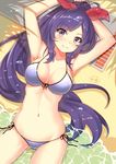  absurdres armpits arms_up beach bikini breasts collarbone commentary_request eyebrows_visible_through_hair front-tie_top hair_ornament highres large_breasts long_hair looking_at_viewer lying navel on_back partially_submerged ponytail purple_eyes purple_hair shadow shinano_(zhan_jian_shao_nyu) side-tie_bikini solo swimsuit water white_bikini zhan_jian_shao_nyu zhudacaimiao 