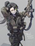  1girl absurdres ammunition_pouch artist_name assault_rifle black_gloves black_hair blonde_hair bulletproof_vest camouflage camouflage_pants camouflage_shirt commentary commission dated didloaded glock gloves glowing glowing_eye green_eyes green_pants grey_background gun gun_sling handgun headphones heterochromia highres holding holding_gun holding_weapon holster holstered long_hair looking_at_viewer microphone multicolored_hair open_mouth original pants partially_fingerless_gloves ponytail pouch rifle sample_watermark scar scar_on_cheek scar_on_face shirt sig_mcx sig_sauer simple_background skeb_commission solo streaked_hair tactical_clothes twitter_username two-tone_hair watermark watermark_grid weapon yellow_eyes 