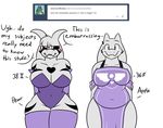  &lt;3 2017 anthro asriel_dreemurr big_breasts big_thighs black_sclera blush breast_size breast_size_difference breasts caprine cleavage clothed clothing comparing comparing_breasts comparison crossgender daughter dialogue duo embarrassed english_text female gloves god_of_hyperdeath legwear looking_at_viewer looking_away mammal mother parent robertge simple_background skimpy slightly_chubby smile standing text thigh_highs toriel undertale video_games voluptuous white_background wide_hips 