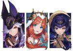  1boy 2girls absurdres animal_ears animal_ears_helmet animal_helmet aqua_eyes black_horns blue_brooch brooch candace_(genshin_impact) card closed_mouth commentary_request cyno_(genshin_impact) eye_of_horus fake_horns genshin_impact grey_hair heterochromia highres holding holding_card horns jackal_ears jewelry looking_at_viewer multiple_girls nilou_(genshin_impact) open_mouth oyasumi_(oyasumign8) parted_lips purple_eyes red_eyes veil white_background white_veil 