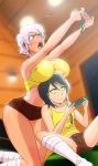  2girls bare_shoulders black_hair bleach breast_envy breast_rest breasts brown_eyes gairon kotetsu_isane kuchiki_rukia large_breasts lavender_hair multiple_girls open_mouth purple_eyes short_hair sitting small_breasts tagme 