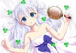  alternate_costume alternate_hairstyle bangs bare_arms bare_shoulders bed_sheet blue_bow blue_eyes blush bow chestnut_mouth closed_eyes clover commentary_request double_bun dress eyebrows_visible_through_hair flat_chest from_above gochuumon_wa_usagi_desu_ka? hair_between_eyes hair_ornament hairclip hand_mirror hands_on_own_cheeks hands_on_own_face holding_mirror hoto_cocoa kafuu_chino light_blue_hair long_hair looking_at_viewer lying mirror multiple_girls off_shoulder on_back open_mouth orange_hair reflection rocha_(aloha_ro_cha) sleeveless sleeveless_dress strap_slip upper_body white_background white_dress x_hair_ornament 