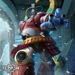  2boys amputee android armor bit_(mega_man) breastplate broken_armor byte_(mega_man) cable commentary_request company_name copyright_logo copyright_name copyright_notice damaged exposed_internal_machinery fighting_stance helmet ishida_baru looking_at_viewer male_focus mega_man_(series) mega_man_x3 mega_man_x_(series) missing_finger missing_limb multiple_boys official_art one_eye_closed red_armor red_eyes shoulder_armor sitting snowing solo_focus standing teppen yellow_helmet 