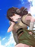  armpit_peek brown_hair commentary_request flight_deck gloves hakama headphones japanese_clothes kantai_collection kasuga_maru_(kantai_collection) partly_fingerless_gloves remodel_(kantai_collection) short_hair solo taiyou_(kantai_collection) yugake yumesato_makura 