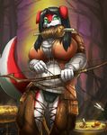  anthro bow_(weapon) breasts camel_toe canine clothed clothing female link2004 mammal meat ranged_weapon solo standing underwear weapon 
