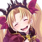  :d blonde_hair blush cape closed_eyes earrings ereshkigal_(fate/grand_order) fate/grand_order fate_(series) gold_trim gyuunyuukeepaa hair_ribbon jewelry long_hair open_mouth red_cape red_ribbon ribbon skull smile solo tiara twintails 