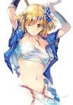  arms_up bangs blonde_hair breasts brown_eyes collarbone djeeta_(granblue_fantasy) drum_master_(granblue_fantasy) drumsticks eyebrows_visible_through_hair granblue_fantasy hachimaki headband holding japanese_clothes looking_at_viewer medium_breasts midriff min-naraken navel nejiri_hachimaki one_eye_closed sarashi short_hair signature simple_background smile solo upper_body white_background 