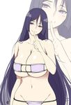  bare_shoulders bikini breasts cleavage collarbone commentary_request eyepatch_bikini fate/grand_order fate_(series) finger_to_mouth half-closed_eyes head_tilt hips huge_breasts long_hair looking_at_viewer minamoto_no_raikou_(fate/grand_order) navel purple_eyes purple_hair signature skindentation smile solo suzuki_nene swimsuit very_long_hair white_background white_bikini 