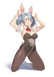  animal_ears arms_up black_legwear blue_hair blush breasts brown_eyes bunny_ears bunny_tail bunnysuit cleavage commentary_request cosplay detached_collar extra fake_animal_ears full_body granblue_fantasy hanarito kneeling long_hair medium_breasts open_mouth orange_eyes pantyhose simple_background solo sophia_(granblue_fantasy) tail tears twintails white_background 