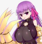  bare_shoulders belt_collar bodysuit bow breasts claws eyebrows_visible_through_hair fate/extra fate/extra_ccc fate/grand_order fate_(series) hair_bow hair_ribbon highres huge_breasts long_hair passion_lip pink_bow pink_eyes pink_ribbon purple_hair ribbon sawati simple_background solo very_long_hair white_background 